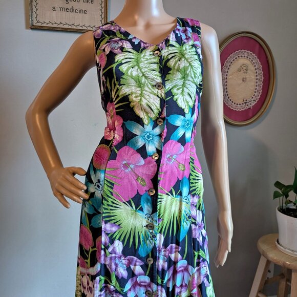 Vintage 90s Scarlett Midi Dress Button Front Tropical Print Funky Cottagecore 13 - Picture 5 of 16